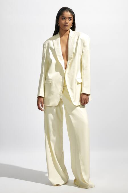 Buy Deme By Gabriella White Faux Leather Solid Lapel Collar Oversized Blazer Online at Aza Fashions Buy_Deme By Gabriella_White Faux Leather Solid Lapel Collar Oversized Blazer _Online_at_Aza_Fashions