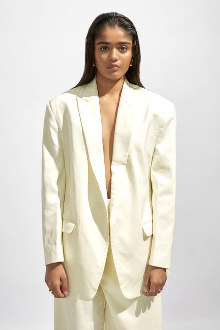 Buy Deme By Gabriella White Faux Leather Solid Lapel Collar Oversized Blazer Buy_Deme By Gabriella_White Faux Leather Solid Lapel Collar Oversized Blazer