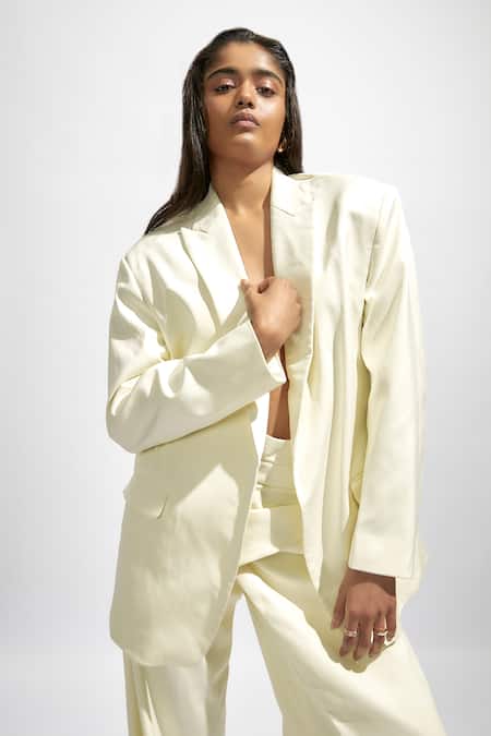 Shop Deme By Gabriella White Faux Leather Solid Lapel Collar Oversized Blazer Shop_Deme By Gabriella_White Faux Leather Solid Lapel Collar Oversized Blazer