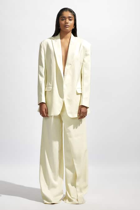Shop_Deme By Gabriella_White Faux Leather Solid Tailored Trouser _Online_at_Aza_Fashions