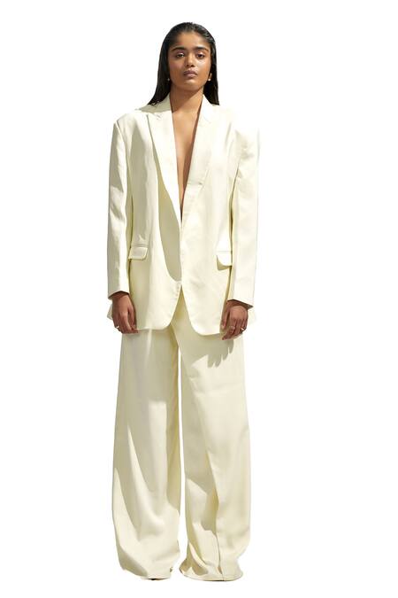 Deme By Gabriella_White Faux Leather Solid Tailored Trouser _at_Aza_Fashions