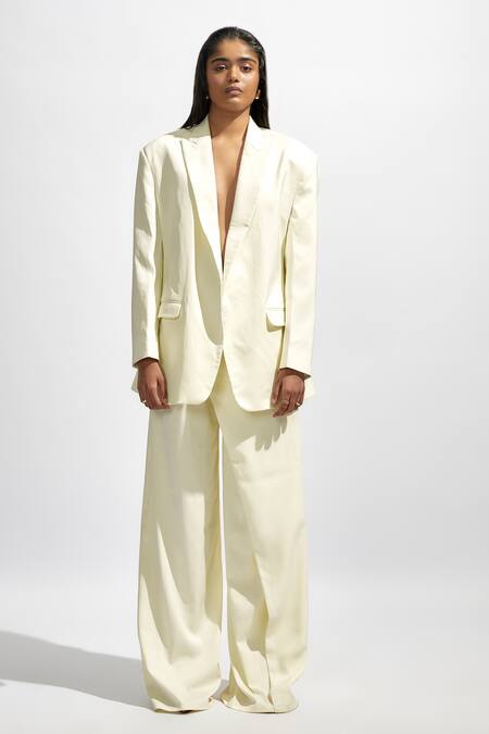 Buy Deme By Gabriella White Faux Leather Solid Lapel Collar Oversized Blazer With Trouser Online at Aza Fashions Buy_Deme By Gabriella_White Faux Leather Solid Lapel Collar Oversized Blazer With Trouser _Online_at_Aza_Fashions