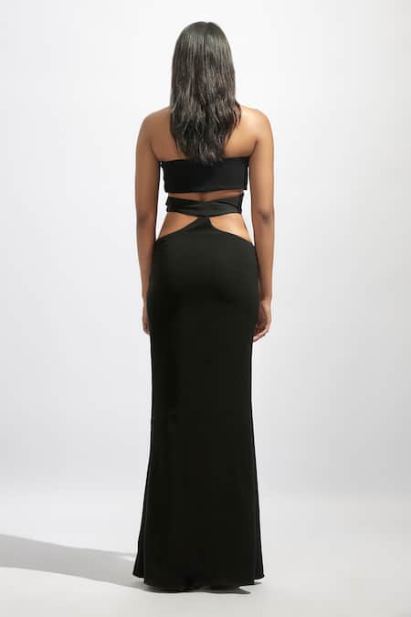 Deme By Gabriella Black Faux Leather Halter Fleur Jewellery Embellished Cutout Tube Maxi Dress Online at Aza Fashions Deme By Gabriella_Black Faux Leather Halter Fleur Jewellery Embellished Cutout Tube Maxi Dress _Online_at_Aza_Fashions