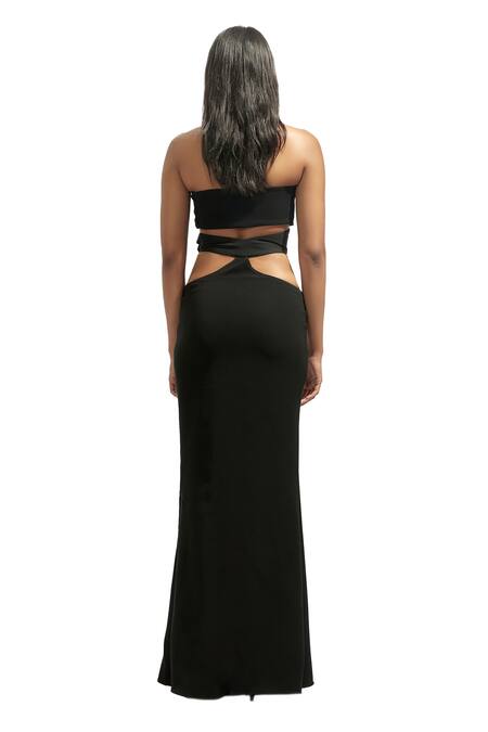 Deme By Gabriella Black Faux Leather Halter Fleur Jewellery Embellished Cutout Tube Maxi Dress at Aza Fashions Deme By Gabriella_Black Faux Leather Halter Fleur Jewellery Embellished Cutout Tube Maxi Dress _at_Aza_Fashions