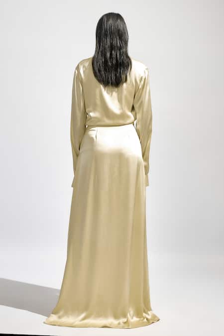 Deme By Gabriella Cream Satin Collared Solid High Slit Shirt Dress Online at Aza Fashions Deme By Gabriella_Cream Satin Collared Solid High Slit Shirt Dress _Online_at_Aza_Fashions