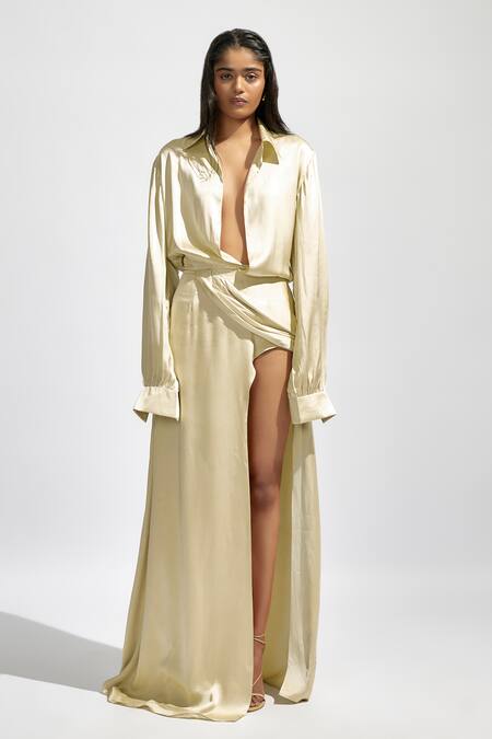 Buy Deme By Gabriella Cream Satin Collared Solid High Slit Shirt Dress Online at Aza Fashions Buy_Deme By Gabriella_Cream Satin Collared Solid High Slit Shirt Dress _Online_at_Aza_Fashions