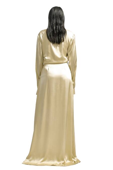 Shop Deme By Gabriella Cream Satin Collared Solid High Slit Shirt Dress Online at Aza Fashions Shop_Deme By Gabriella_Cream Satin Collared Solid High Slit Shirt Dress _Online_at_Aza_Fashions