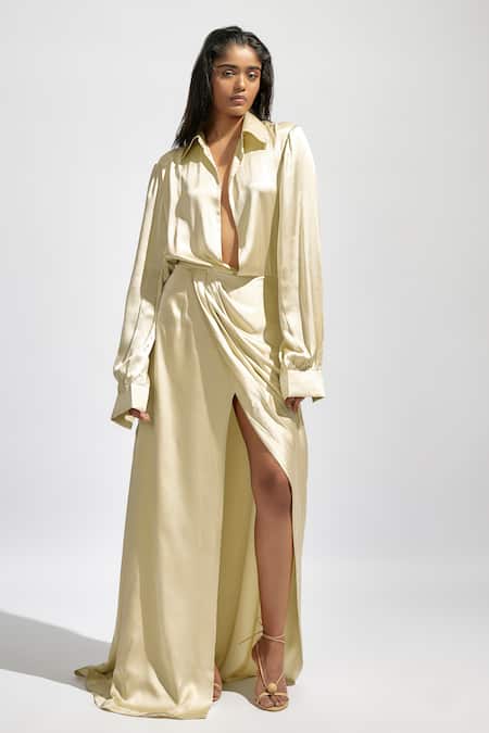 Buy Deme By Gabriella Cream Satin Collared Solid High Slit Shirt Dress Buy_Deme By Gabriella_Cream Satin Collared Solid High Slit Shirt Dress