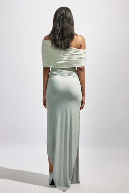 Deme By Gabriella Grey Net Off-shoulder Solid Off High Low Ruched Dress Online at Aza Fashions Deme By Gabriella_Grey Net Off-shoulder Solid Off High Low Ruched Dress _Online_at_Aza_Fashions