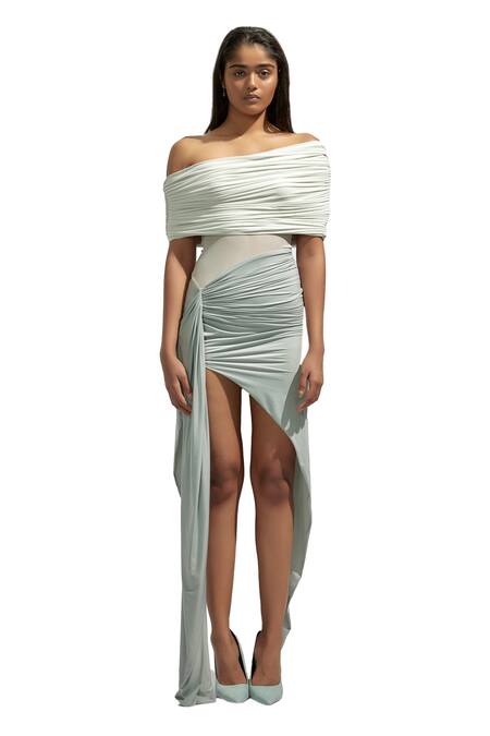 Shop Deme By Gabriella Grey Net Off-shoulder Solid Off High Low Ruched Dress Online at Aza Fashions Shop_Deme By Gabriella_Grey Net Off-shoulder Solid Off High Low Ruched Dress _Online_at_Aza_Fashions