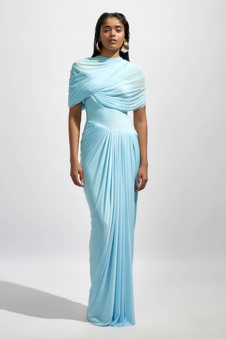Buy_Deme By Gabriella_Blue Net High Neck Draped And Pleated Maxi Dress _Online_at_Aza_Fashions