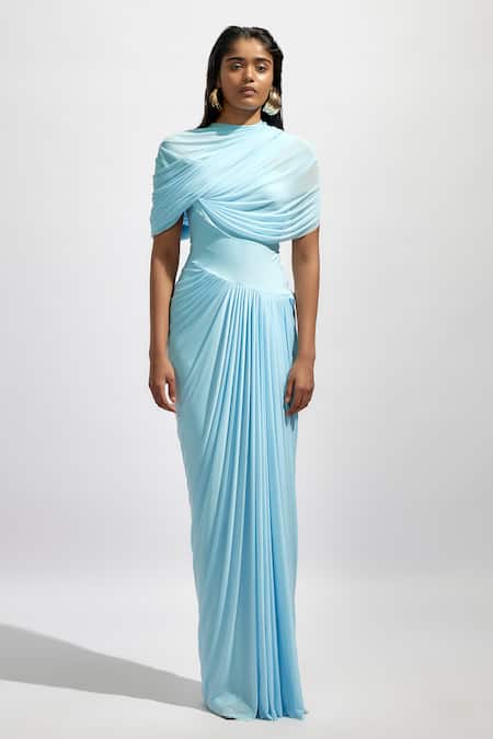 Shop_Deme By Gabriella_Blue Net High Neck Draped And Pleated Maxi Dress _Online_at_Aza_Fashions