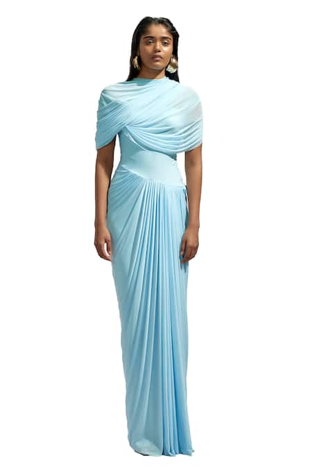 Deme By Gabriella_Blue Net High Neck Draped And Pleated Maxi Dress _at_Aza_Fashions
