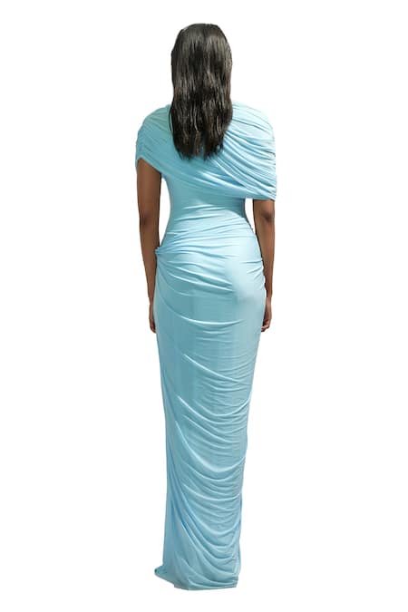 Buy_Deme By Gabriella_Blue Net High Neck Draped And Pleated Maxi Dress 