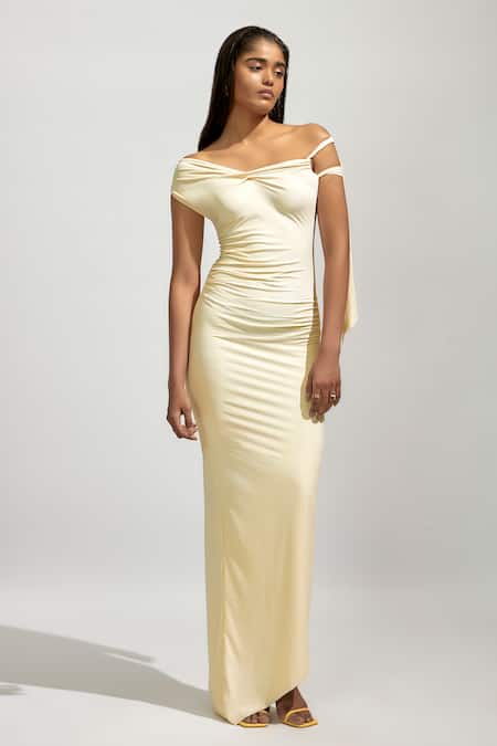 Deme by Gabriella Yellow Malai Lycra Solid One Shoulder Neck Ruched Maxi Dress 