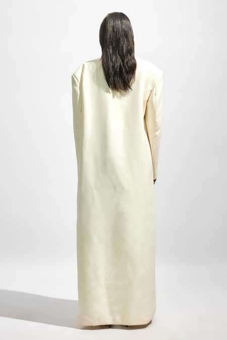 Deme By Gabriella_Off White Net, Lycra, Faux Solid Longline Trench Coat Ruched Bodysuit Set _Online_at_Aza_Fashions