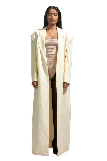 Shop_Deme By Gabriella_Off White Net, Lycra, Faux Solid Longline Trench Coat Ruched Bodysuit Set 