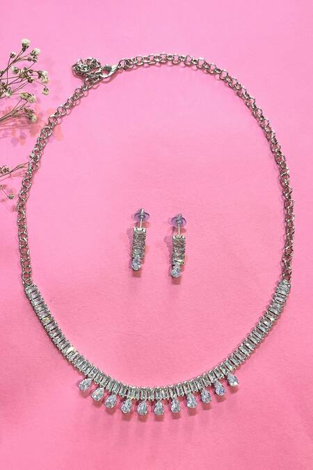 Prestones White Zircons Clear Studded Necklace Set 