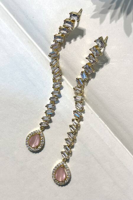 Shop Prestones Pink Zari, Stones Studded Long Earrings at Aza Fashions Shop_Prestones_Pink Zari, Stones Studded Long Earrings_at_Aza_Fashions