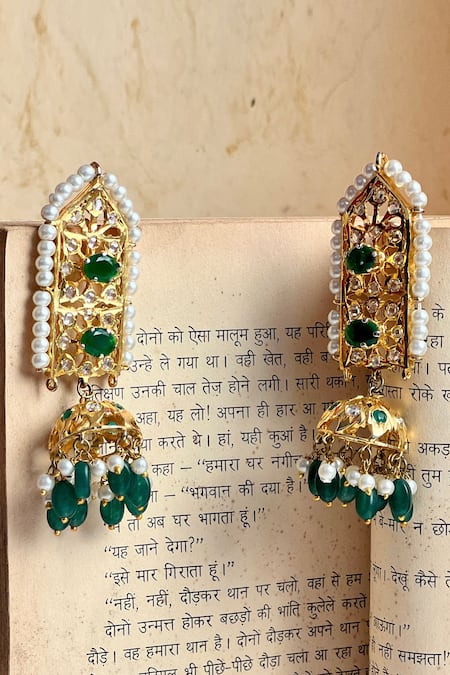 Shop Prestones Green Pearls, Stones, Beads Floral Studded Tassel Earrings at Aza Fashions Shop_Prestones_Green Pearls, Stones, Beads Floral Studded Tassel Earrings _at_Aza_Fashions