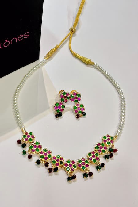 Prestones Multi Color Stone Studded Floral Pearl Necklace Set