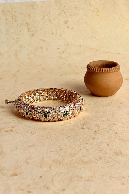 Shop Prestones Green Crystals, Stones Studded Kundan Bangle at Aza Fashions Shop_Prestones_Green Crystals, Stones Studded Kundan Bangle _at_Aza_Fashions