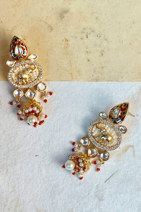 Prestones Multi Color Enamel Stone Embellished Temple Earrings