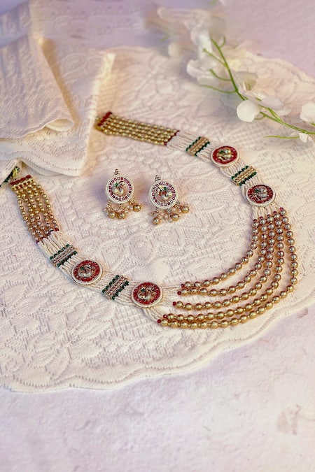 Prestones White Bead Pearl Embellished Layered Temple Necklace Set