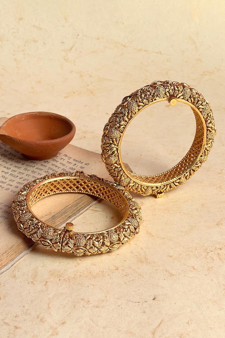 Prestones Gold Plated Temple Carved Bangles - Set Of 2