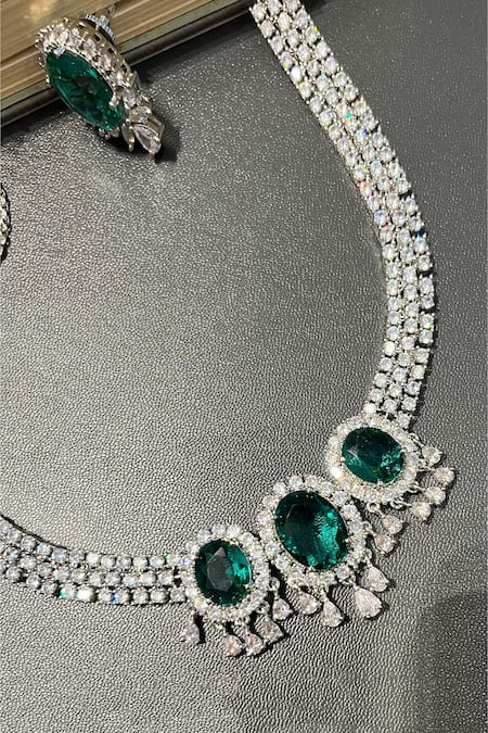 Shop Prestones Green Zari Zirconia Embellished Pendant Choker Set at Aza Fashions Shop_Prestones_Green Zari Zirconia Embellished Pendant Choker Set _at_Aza_Fashions