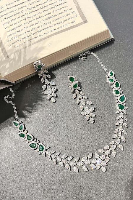 Shop Prestones Green Zari Leaf Carved Choker Set at Aza Fashions Shop_Prestones_Green Zari Leaf Carved Choker Set _at_Aza_Fashions