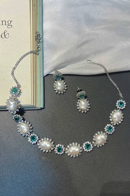Shop Prestones Green Pearls, Zari Zirconia Studded Choker Set at Aza Fashions Shop_Prestones_Green Pearls, Zari Zirconia Studded Choker Set_at_Aza_Fashions