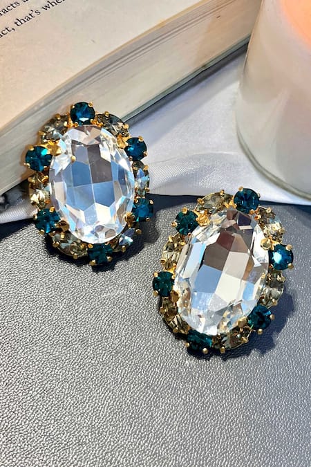 Shop Prestones Green Smocking, Diamonds Zirconia Embellished Earrings at Aza Fashions Shop_Prestones_Green Smocking, Diamonds Zirconia Embellished Earrings _at_Aza_Fashions