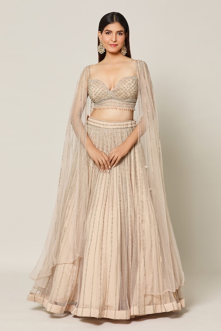 Samyukta Singhania Beige Rhinestone Net Embroidery Crystal Celeste Bloom Bridal Lehenga Set