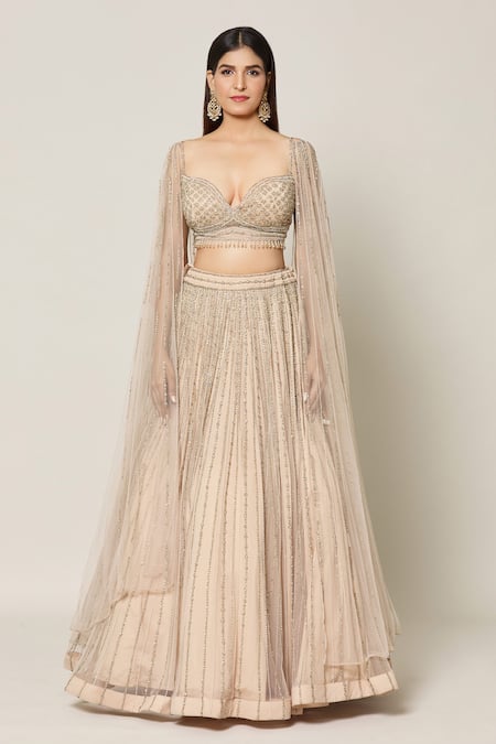 Shop_Samyukta Singhania_Beige Rayon, Net Crystals, Piping Celeste Bloom Embroidered Bridal Lehenga Set _Online_at_Aza_Fashions