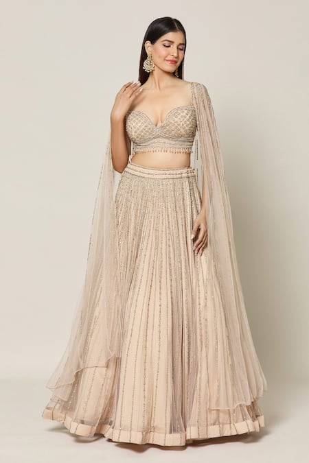 Samyukta Singhania_Beige Rayon, Net Crystals, Piping Celeste Bloom Embroidered Bridal Lehenga Set _at_Aza_Fashions