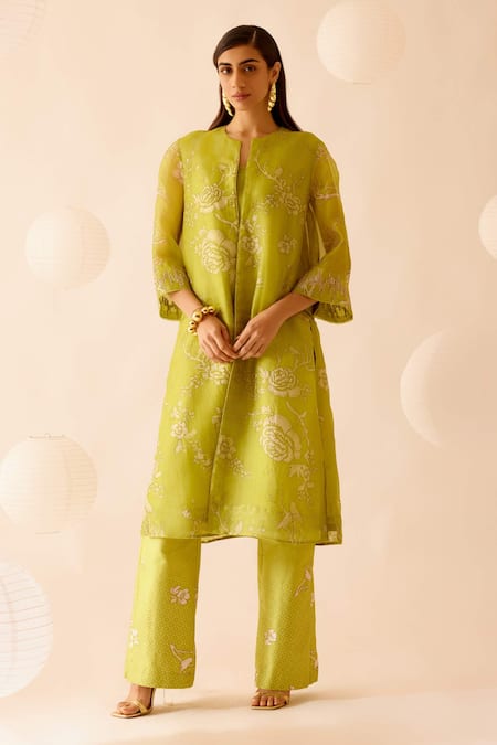 Bunka Green Silk Organza Embroidery, Amara Rosa Print Jacket Kurta With Camisole 