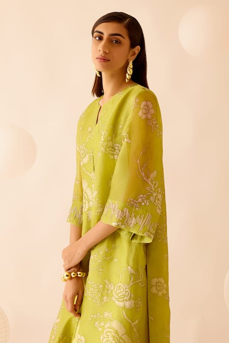 Bunka Green Silk Organza Embroidery, Amara Rosa Print Jacket Kurta With Camisole at Aza Fashions Bunka_Green Silk Organza Embroidery, Amara Rosa Print Jacket Kurta With Camisole _at_Aza_Fashions