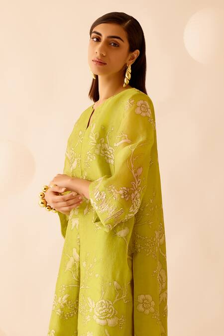 Buy Bunka Green Silk Organza Embroidery, Amara Rosa Print Jacket Kurta With Camisole Buy_Bunka_Green Silk Organza Embroidery, Amara Rosa Print Jacket Kurta With Camisole