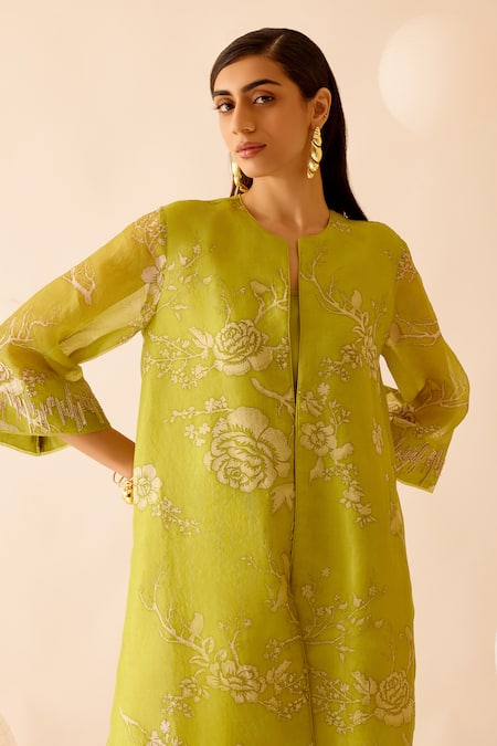 Shop Bunka Green Silk Organza Embroidery, Amara Rosa Print Jacket Kurta With Camisole Shop_Bunka_Green Silk Organza Embroidery, Amara Rosa Print Jacket Kurta With Camisole