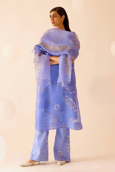 Buy_Bunka_Purple Silk Organza Sequins Boat Neck, Round Bia Bloom Print Kurta With Camisole _Online_at_Aza_Fashions