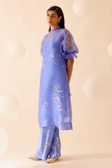 Bunka_Purple Silk Organza Sequins Boat Neck, Round Bia Bloom Print Kurta With Camisole _at_Aza_Fashions