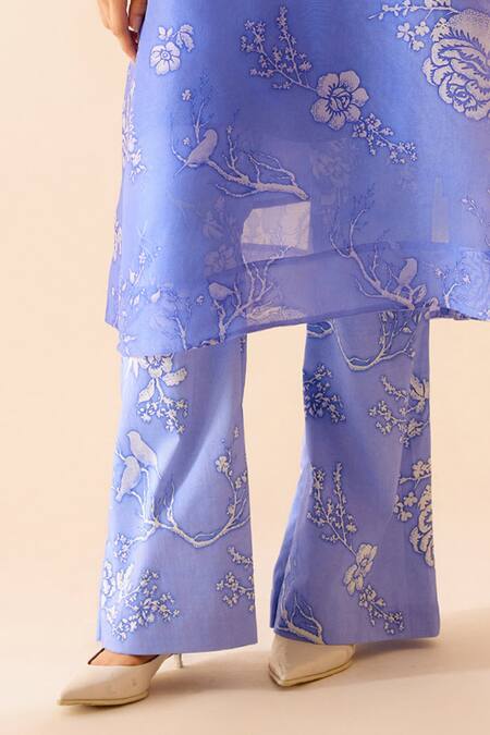 Buy_Bunka_Purple Silk Organza Sequins Boat Neck, Round Bia Bloom Print Kurta With Camisole 