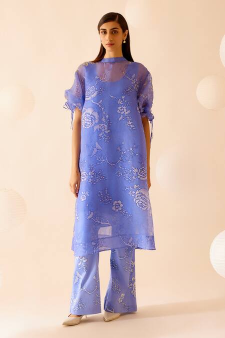 Shop_Bunka_Purple Silk Organza Sequins Boat Neck, Round Bia Bloom Print Kurta With Camisole 