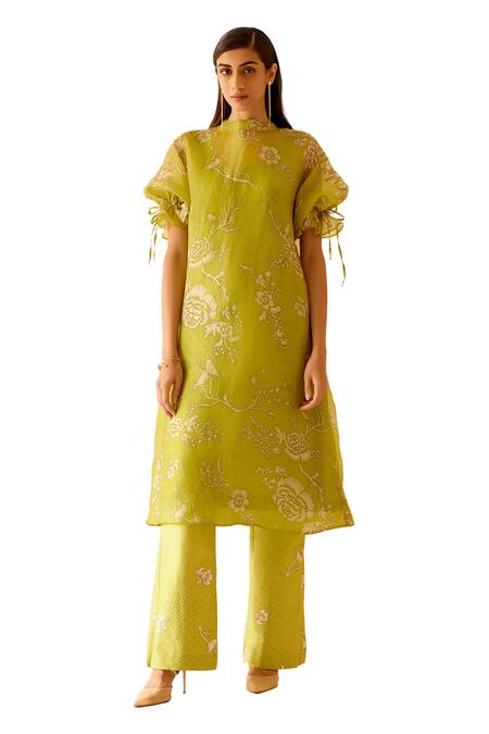 Bunka_Green Cotton Print Rosa Bia Bell Bottom Pant_Online_at_Aza_Fashions