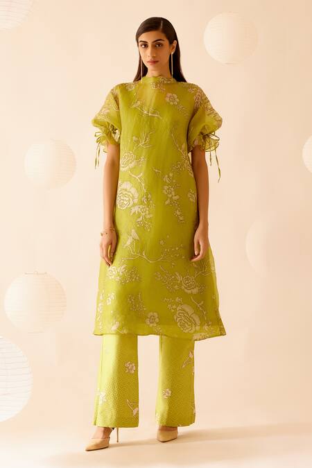 Buy_Bunka_Green Cotton Print Rosa Bia Bell Bottom Pant_Online_at_Aza_Fashions