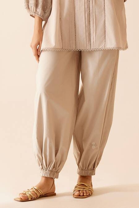 Buy Bunka Beige Cotton Embroidery Floret Cecile Harem Pant Online at Aza Fashions Buy_Bunka_Beige Cotton Embroidery Floret Cecile Harem Pant _Online_at_Aza_Fashions