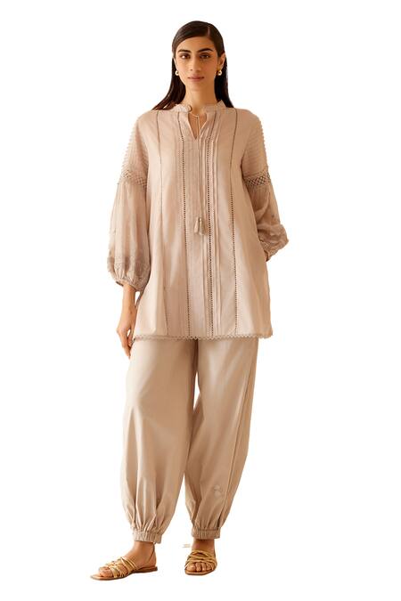 Bunka Beige 100% Cotton Embroidery Floret Stand Collar Cecile And Lace Tunic Online at Aza Fashions Bunka_Beige 100% Cotton Embroidery Floret Stand Collar Cecile And Lace Tunic _Online_at_Aza_Fashions