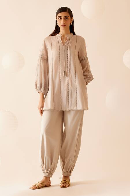 Buy Bunka Beige 100% Cotton Embroidery Floret Stand Collar Cecile And Lace Tunic Online at Aza Fashions Buy_Bunka_Beige 100% Cotton Embroidery Floret Stand Collar Cecile And Lace Tunic _Online_at_Aza_Fashions