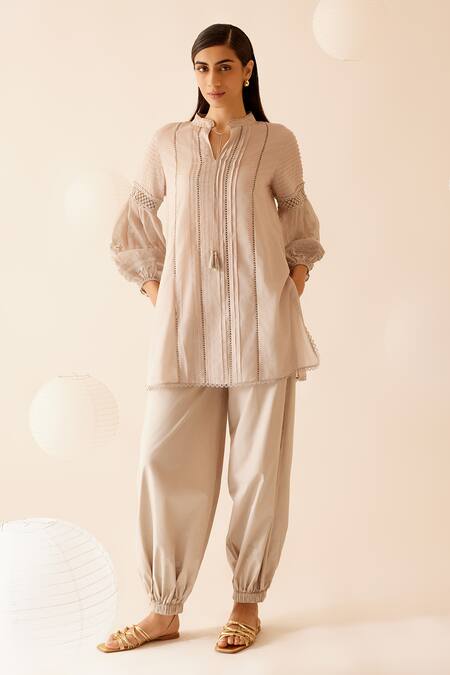Shop Bunka Beige 100% Cotton Embroidery Floret Stand Collar Cecile And Lace Tunic Online at Aza Fashions Shop_Bunka_Beige 100% Cotton Embroidery Floret Stand Collar Cecile And Lace Tunic _Online_at_Aza_Fashions